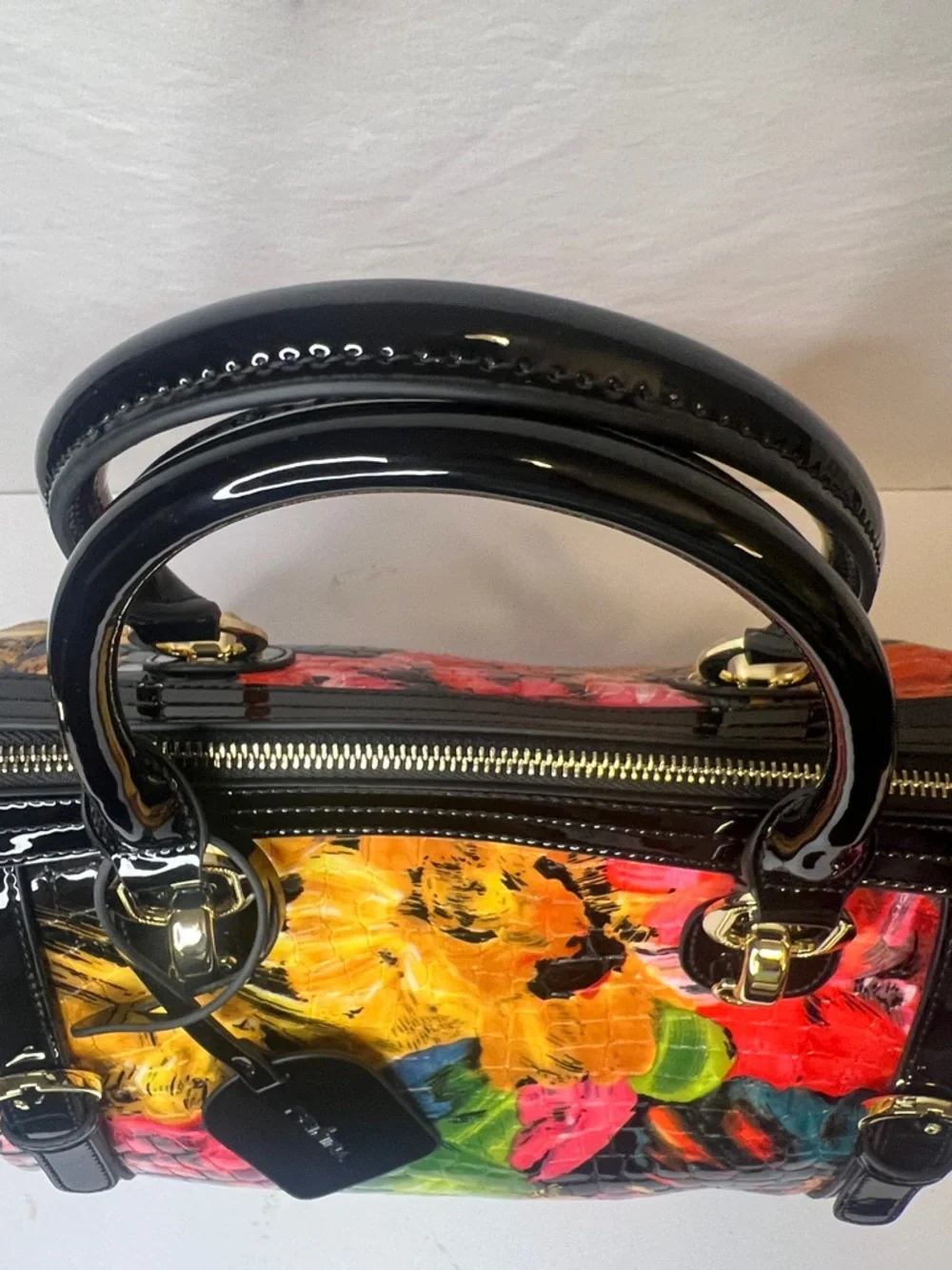Feimina Genuine Leather embossed Floral Patent Satchel Handbag - Picture 14 of 16